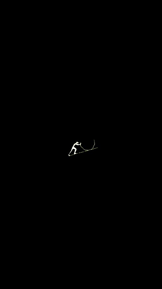 A small white figure pushing a boulder up a slope, on black